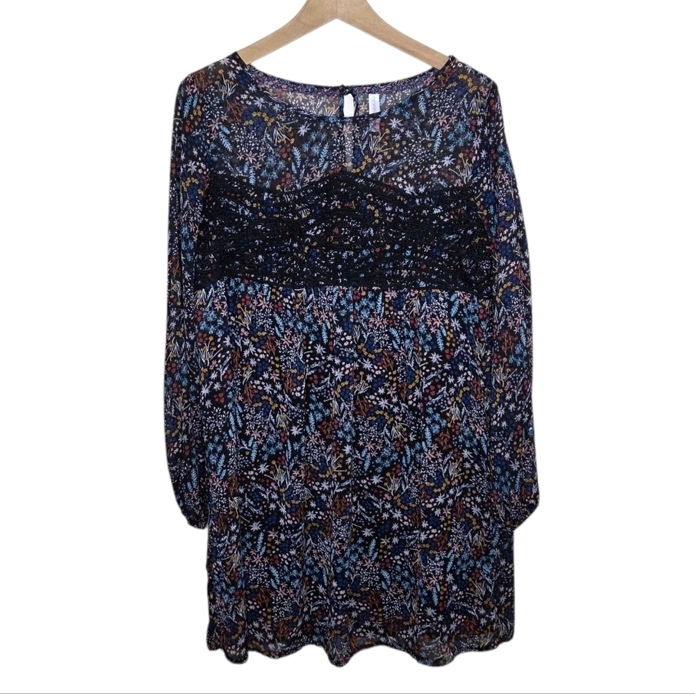 Xhilaration | Floral Print Boho Dress Crochet Lace Front Sheer Upper & Sleeves